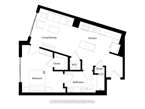 Floor plan for 1 bed, 1 bath, 742 sqft